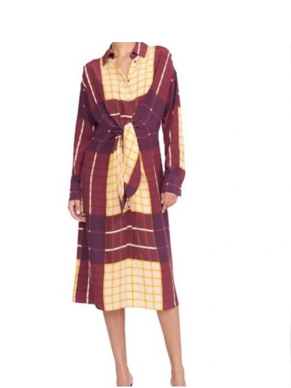 Staud Eclectic Prep Burgundy Mustard Plaid TieFront Midi Dress Dark Academia - Picture 7 of 7